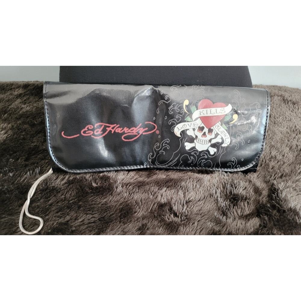 Vintage Y2K Ed Hardy Love Kills Slowly Clutch Wallet Wristlet Black Pink Skull